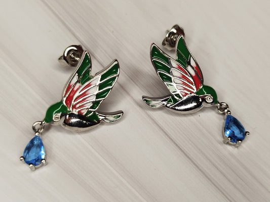 Bird-shaped earrings with blue teardrop stones