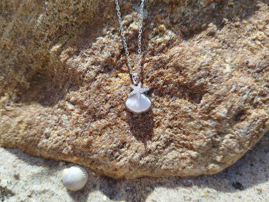 Necklace with a shell pendant on a rock